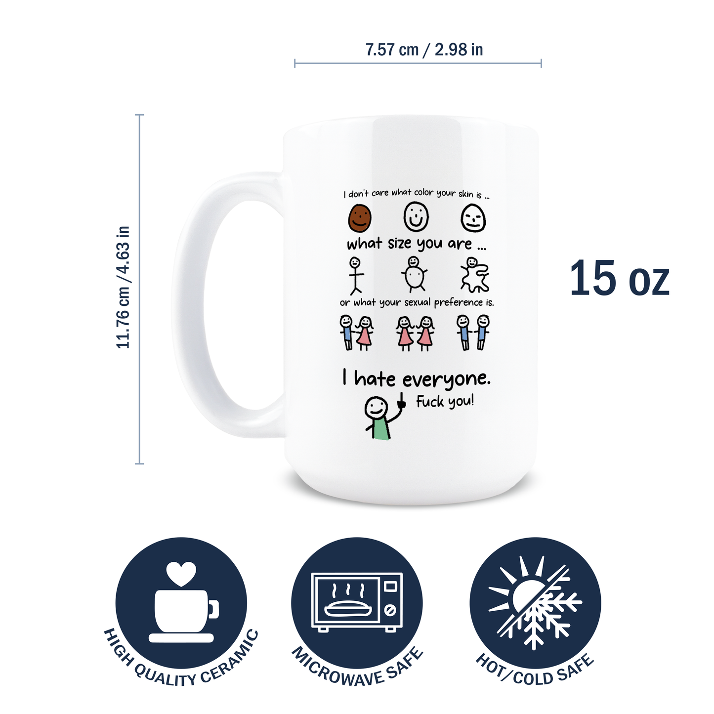 White mug with humorous design and measurements on a white background