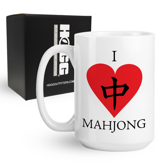 15oz coffee mug with I Heart Mahjong design featuring Red Dragon tile symbol