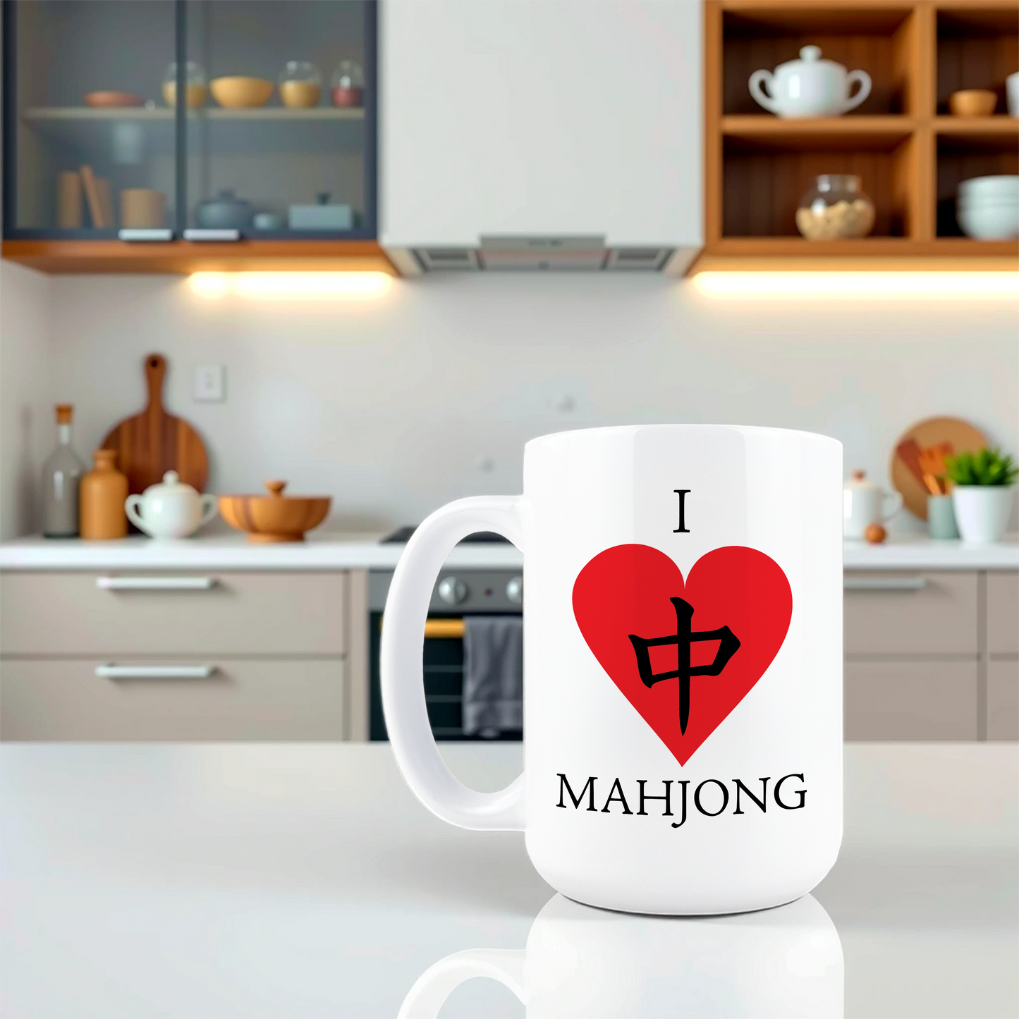 Lifestyle shot of I Love Mahjong coffee mug gift