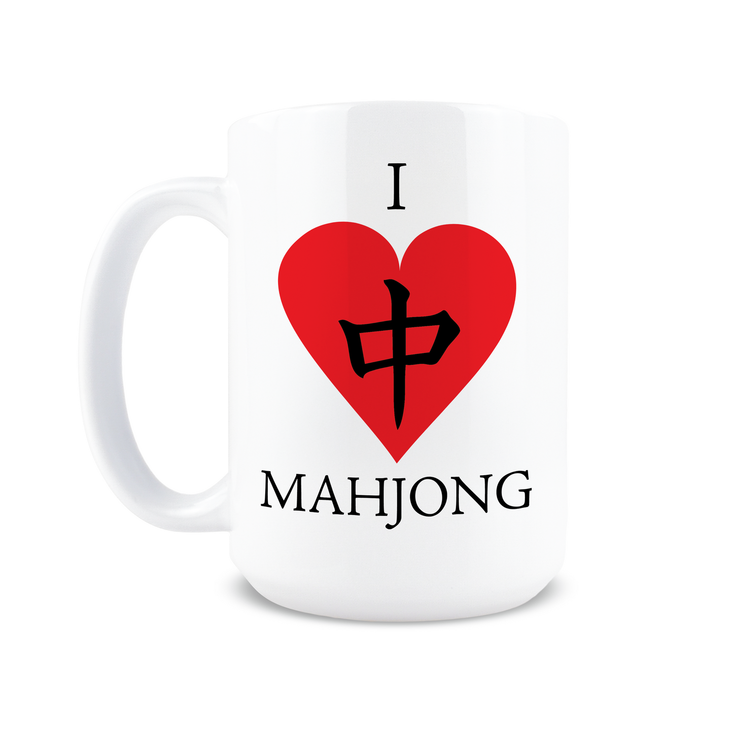 Front view of white mug with I Heart Mahjong text
