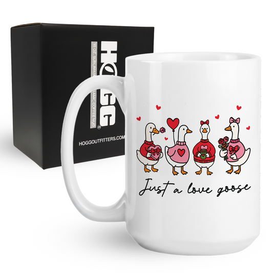 15oz coffee mug with cute geese in sweaters holding valentine's day gifts and hearts