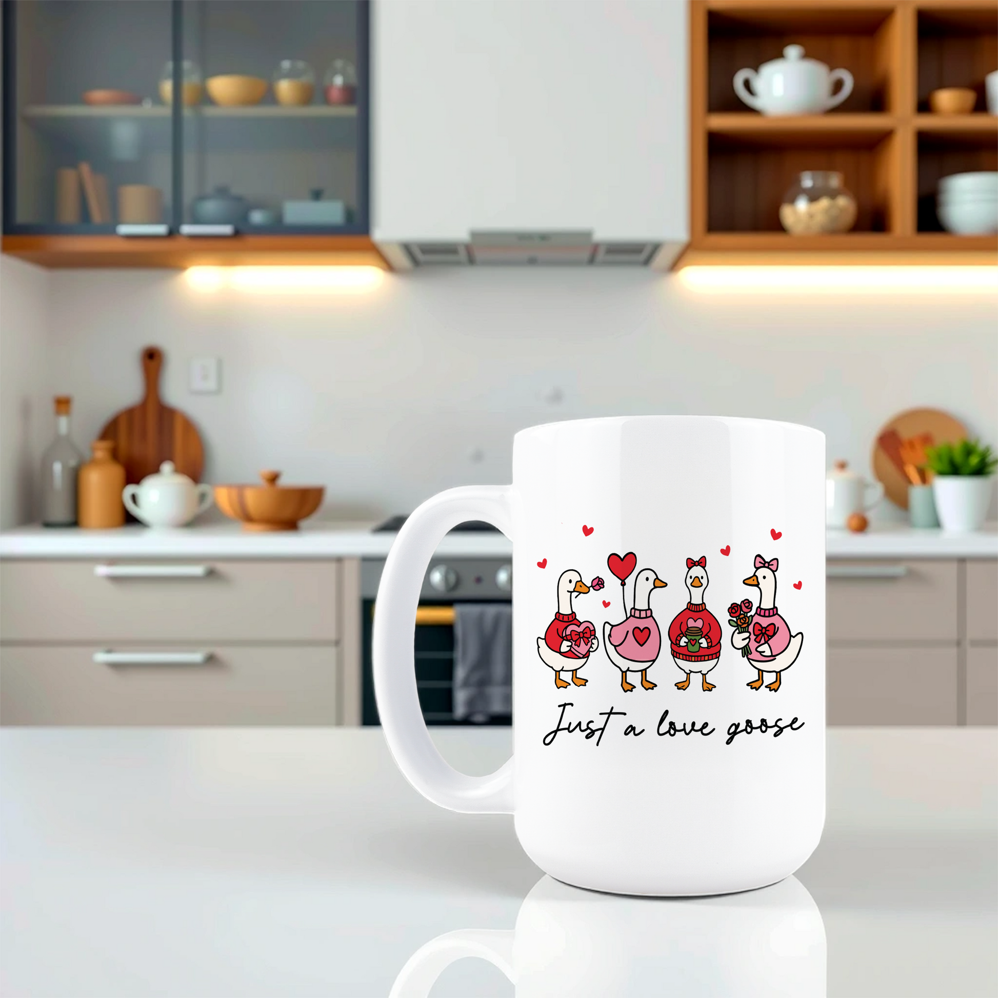 Lifestyle shot of cute romantic goose coffee mug