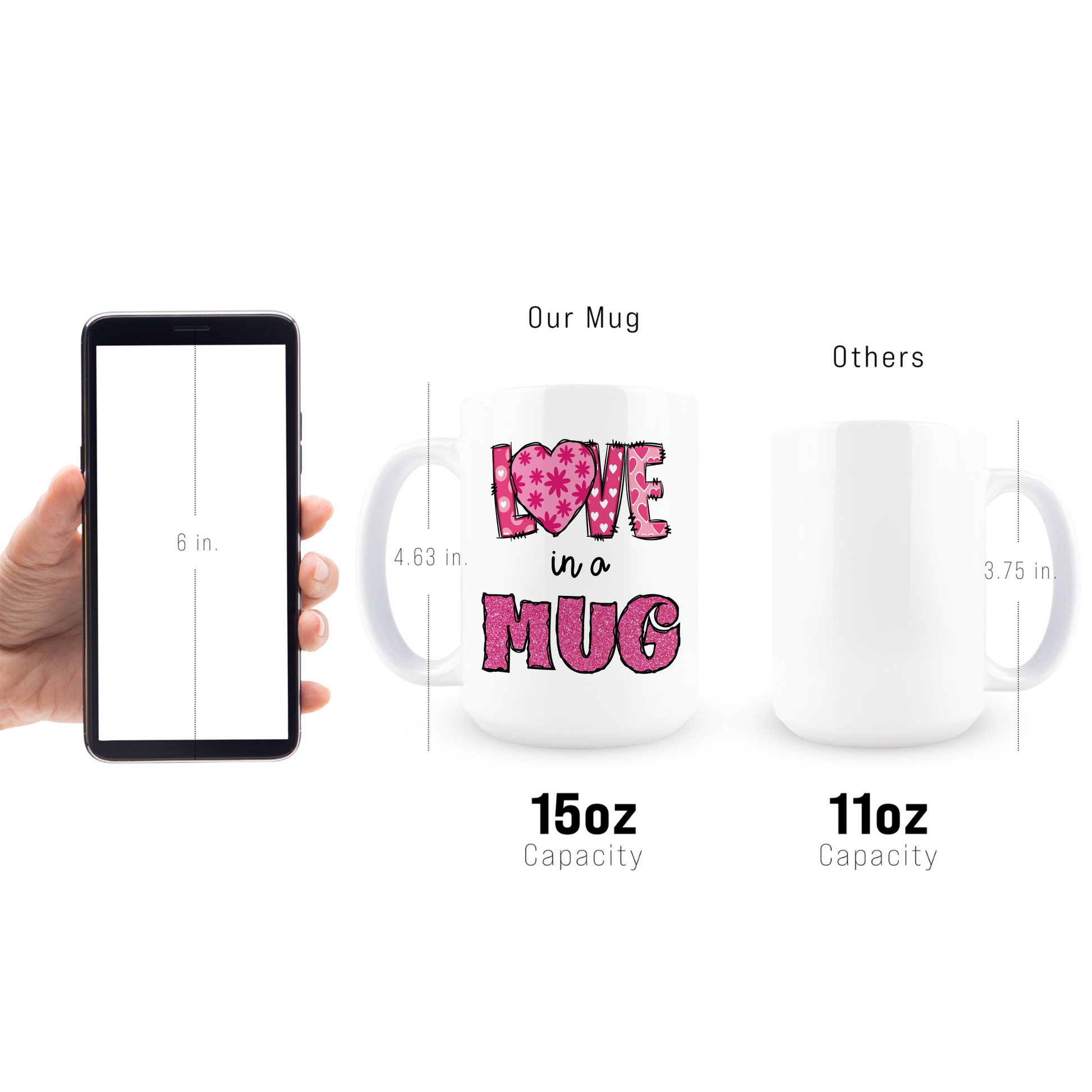 Full wrap view of cute Valentine's mug with pink glitter text