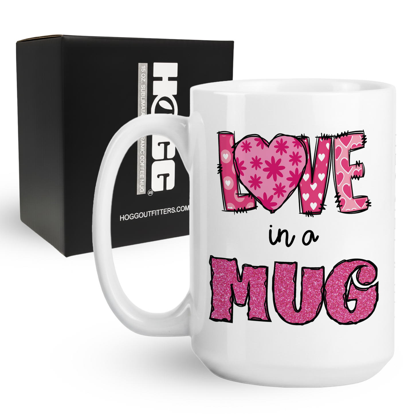 15oz coffee mug with Love in a MUG text pink glitter and heart design