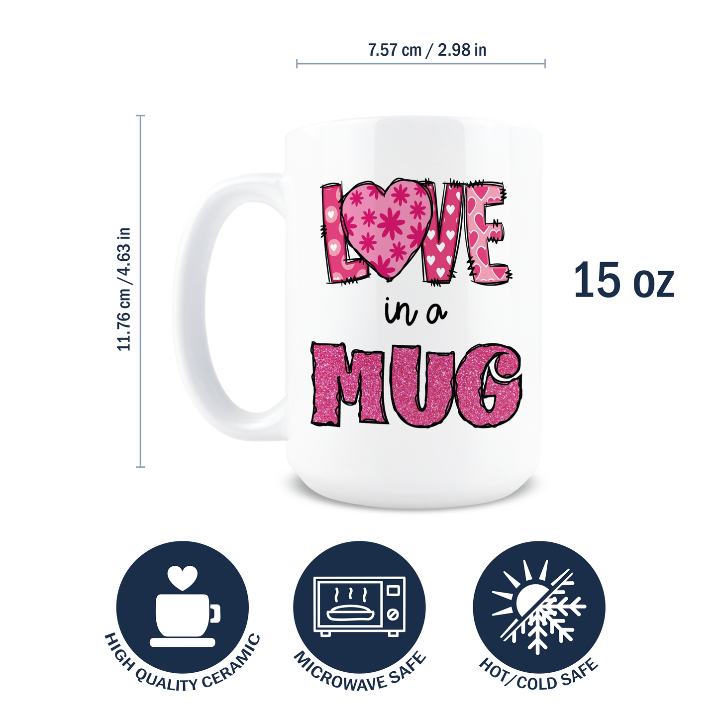 Dimensions of 15oz white ceramic coffee mug