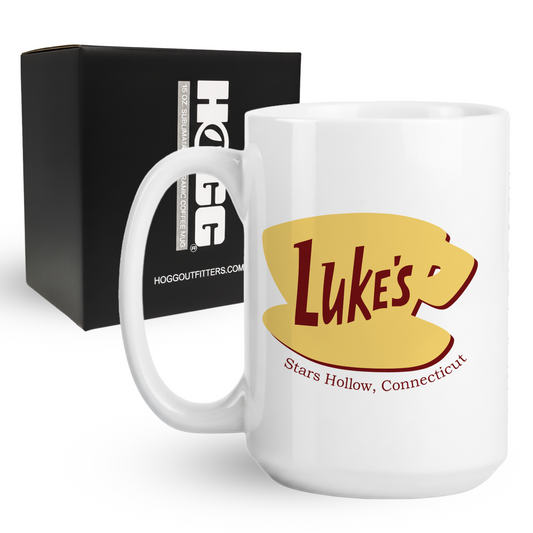 15oz coffee mug featuring the iconic yellow and red Luke's Diner Stars Hollow logo next to its gift box