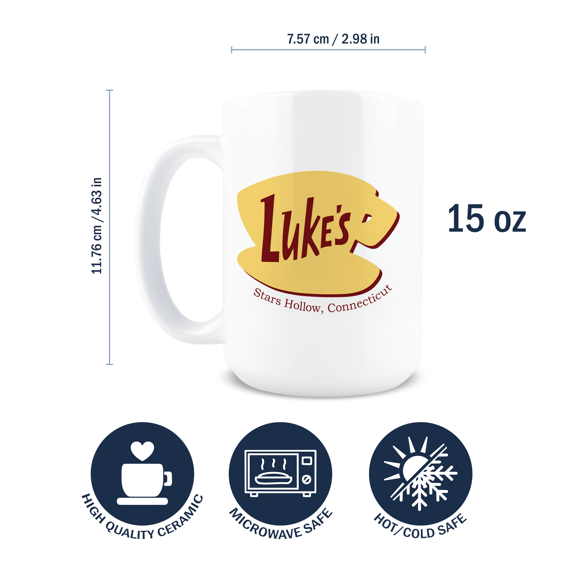 Dimensions and specifications of 15oz high quality microwave safe Luke's Diner mug