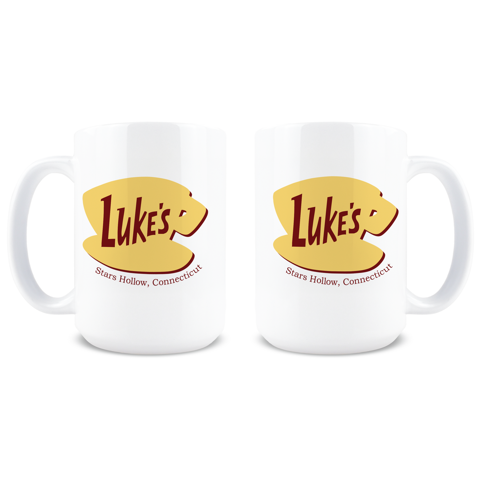 Front and back view of classic yellow teacup Luke's Diner logo coffee cup design