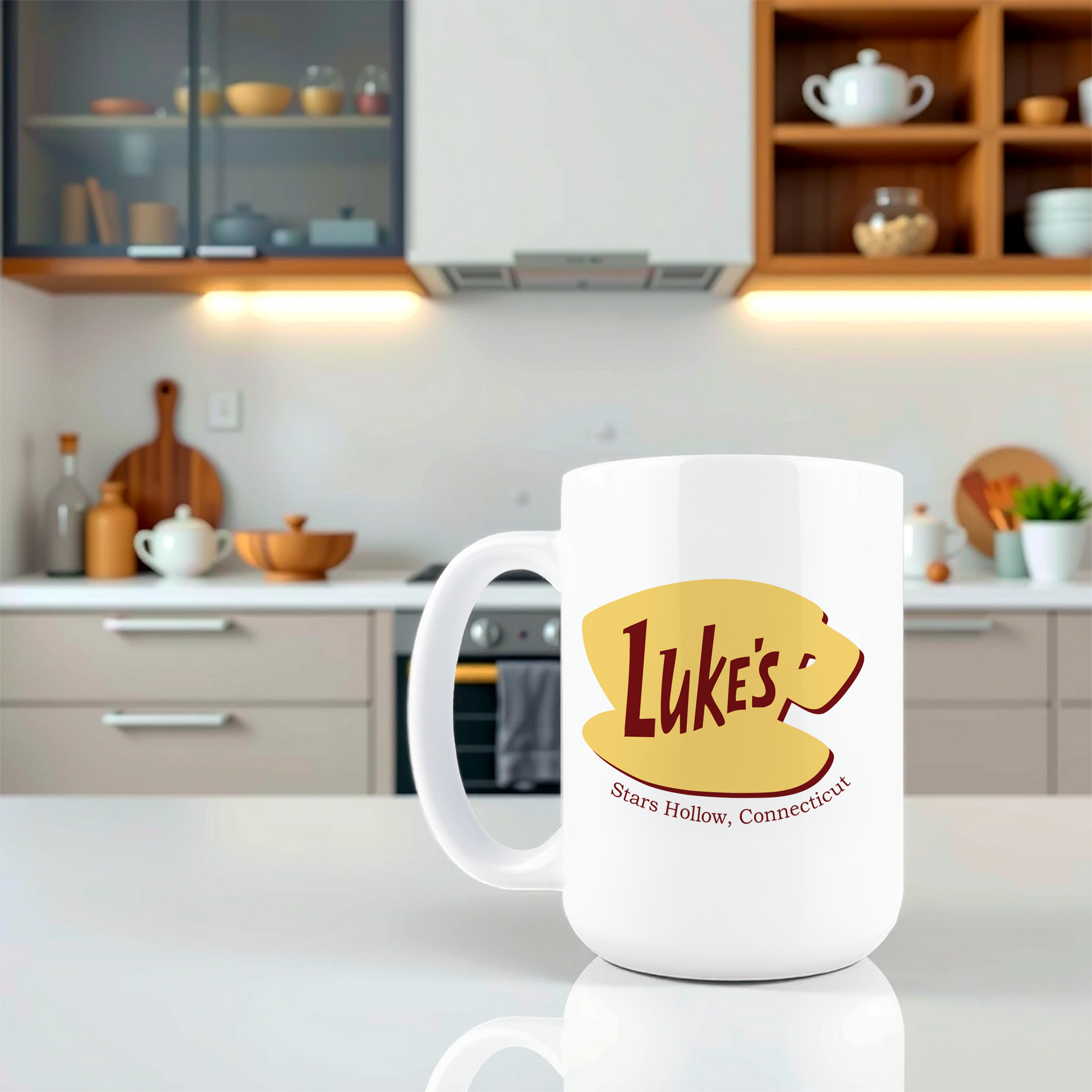Lifestyle shot of nostalgic Luke's Diner pop culture coffee mug on a kitchen counter
