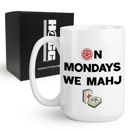 15oz coffee mug with On Mondays We Mahj text and traditional Mahjong tile graphics
