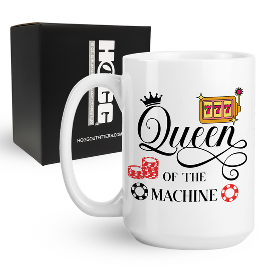 15oz coffee mug with Queen of the Machine text and 777 slot machine jackpot graphics