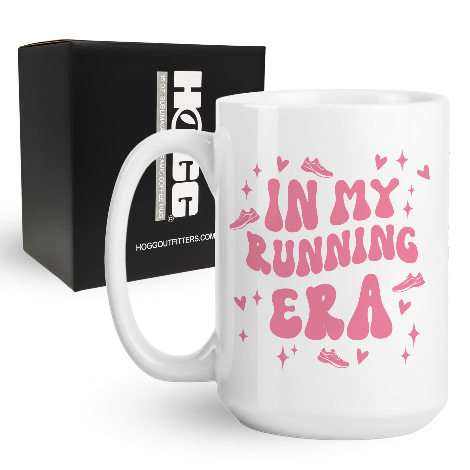 15oz coffee mug with In My Running Era text and running shoe graphics