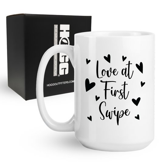 15oz coffee mug with Love at First Swipe text and hearts design for online dating gift