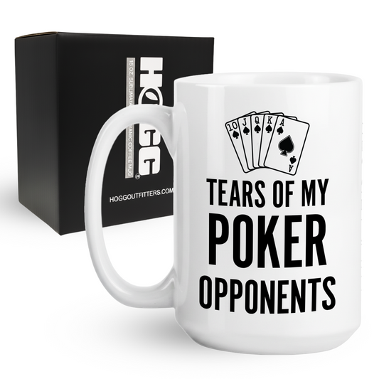 15oz coffee mug with Tears of My Poker Opponents text and Royal Flush spades cards