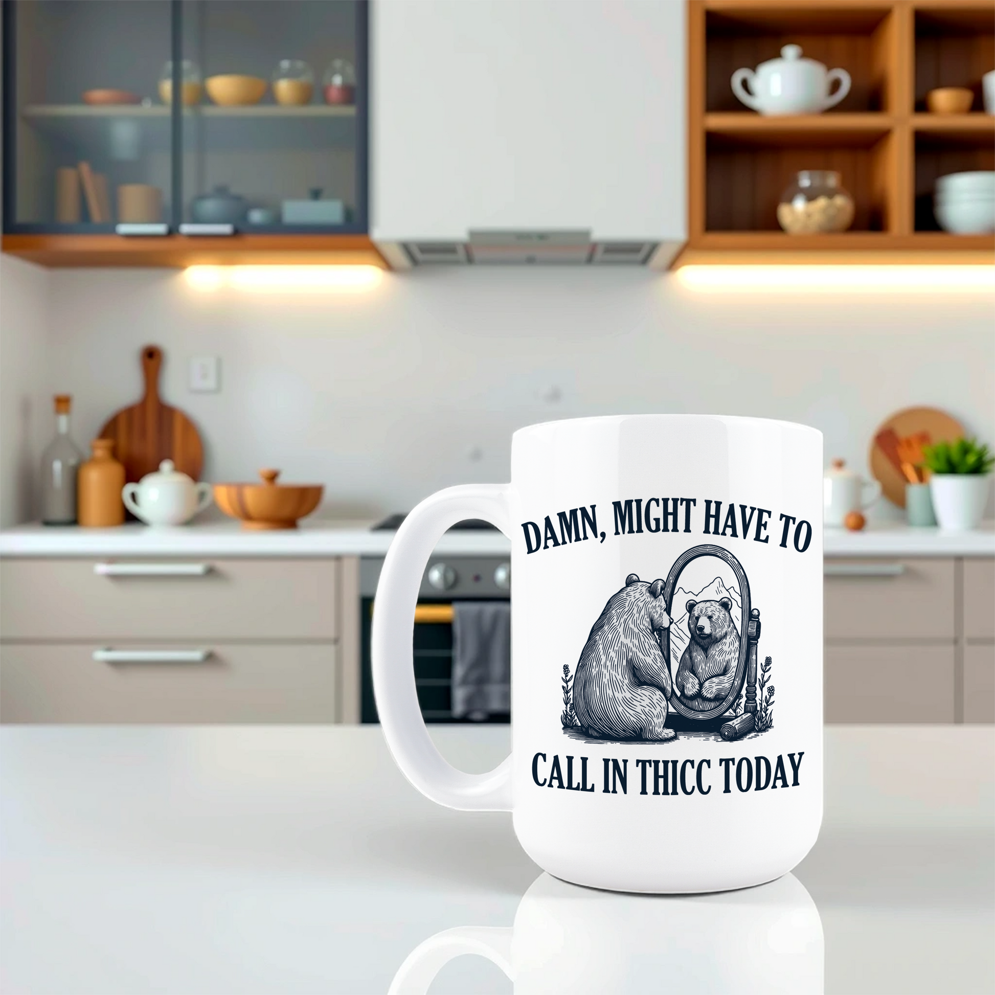 Lifestyle shot of funny bear looking in mirror coffee cup