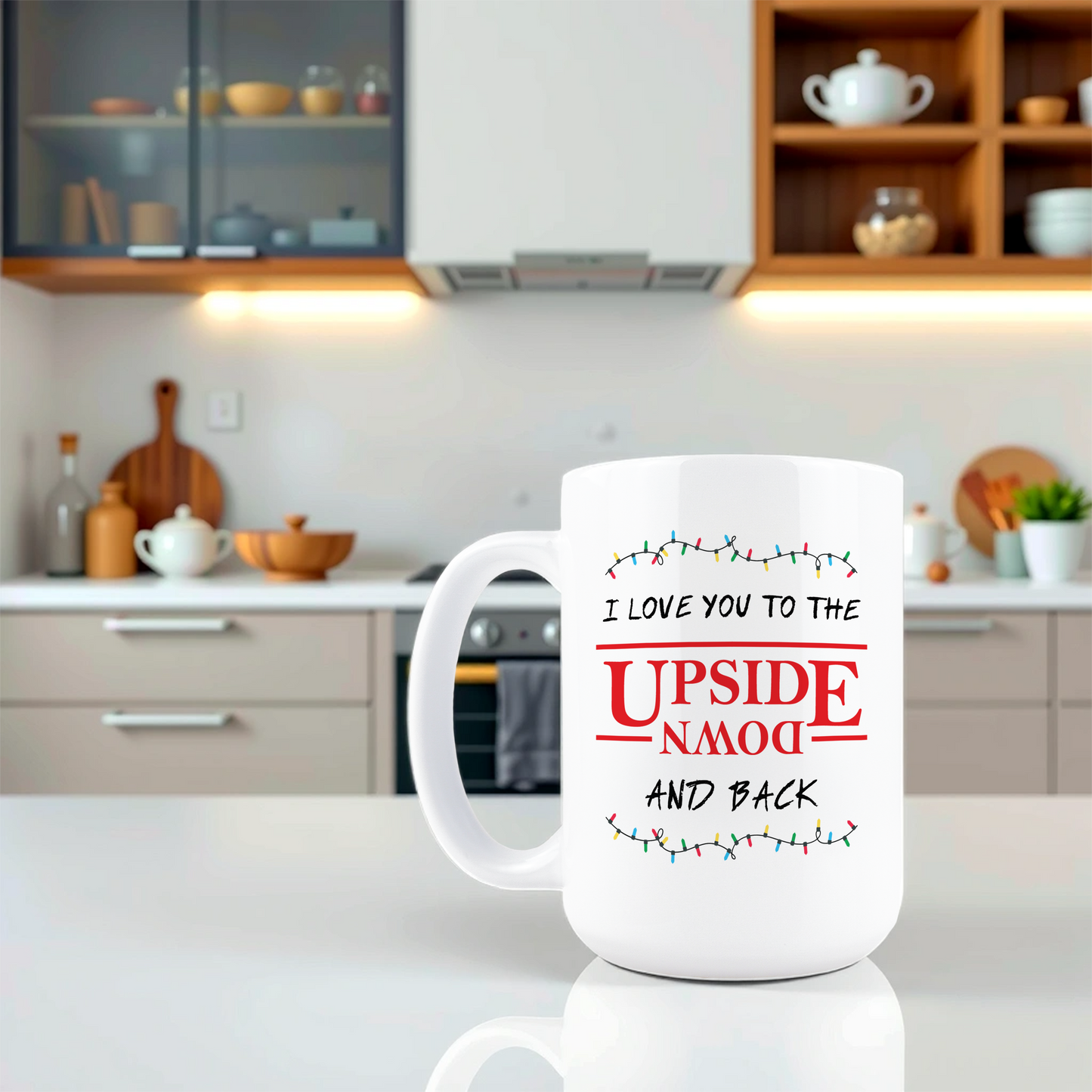 Lifestyle shot of person holding Upside Down themed coffee mug