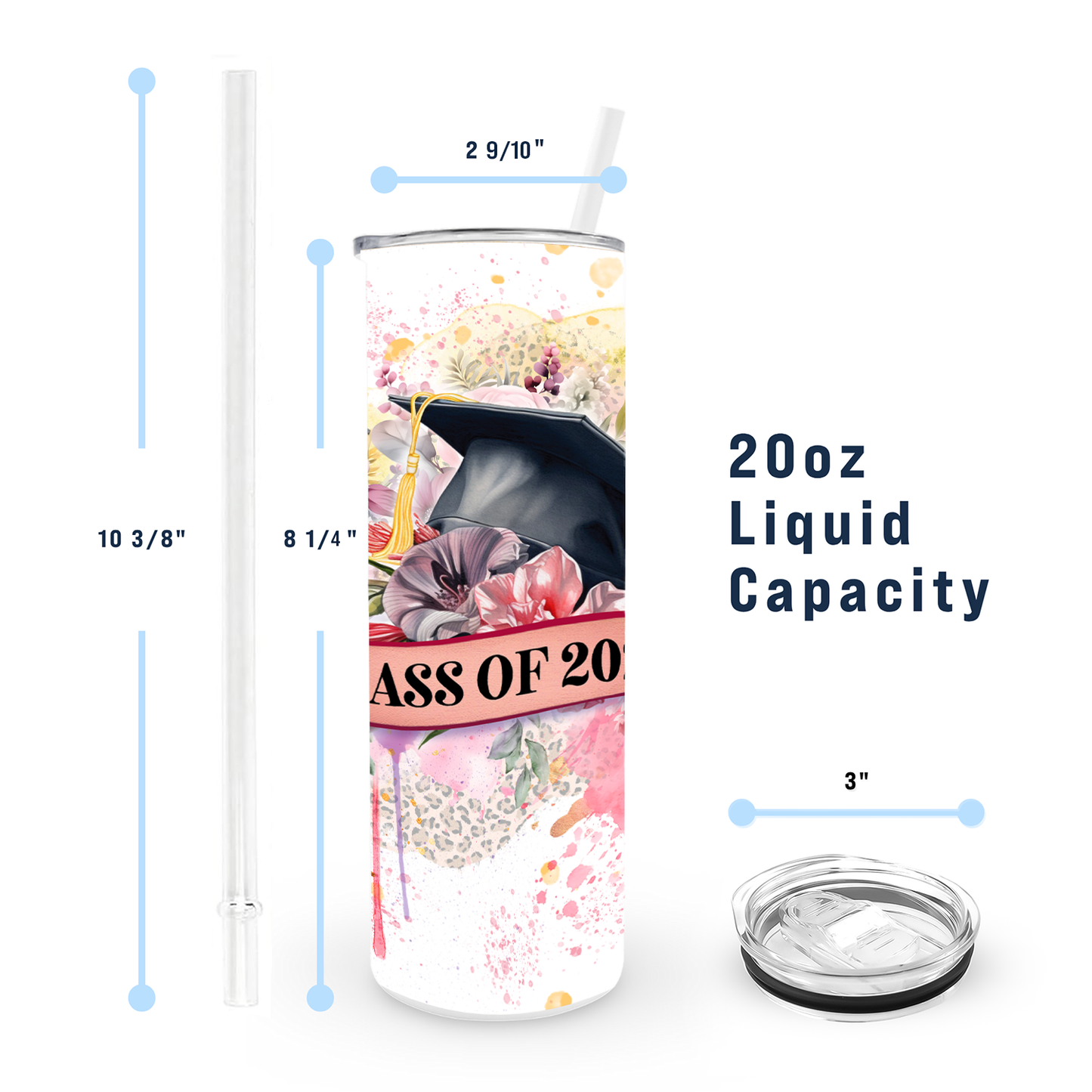 20oz Graduation Tumbler - Watercolor and Flowers