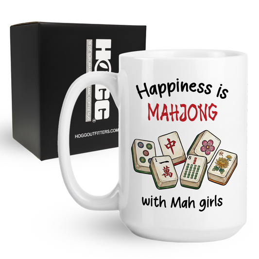 15oz coffee mug with Happiness is Mahjong with Mah Girls text and tile graphics